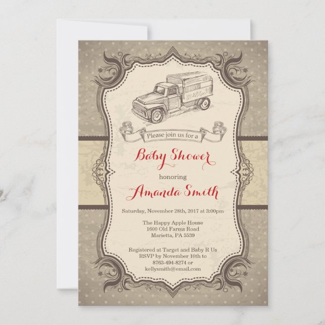Truck Baby Shower Invitation Vintage Retro (Front)