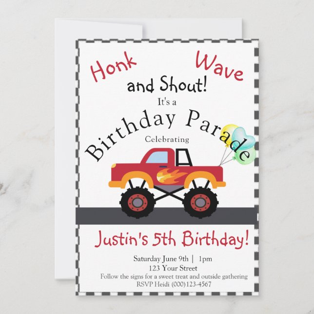 Truck Birthday Drive by Invitation, Monster Truck, Holiday Card (Front)