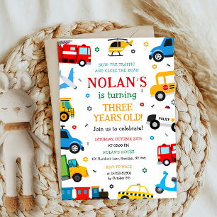 Truck Cars Train Transportation 1st Birthday Invitation