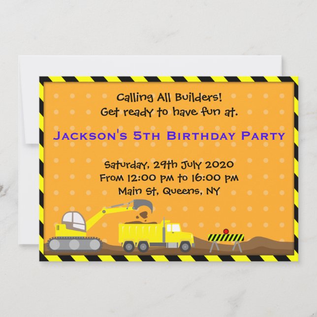Truck Construction Birthday Invitation (Front)