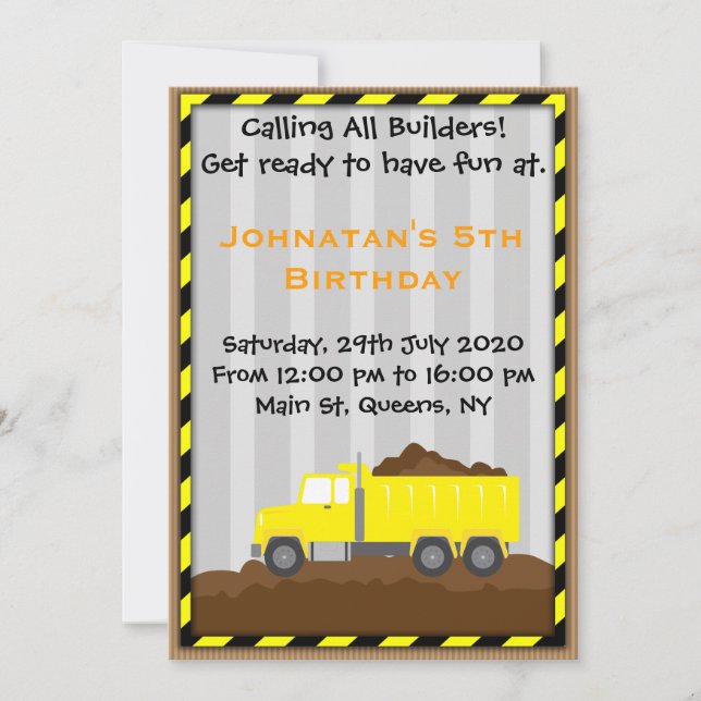 Truck Construction Birthday Invitation (Front)