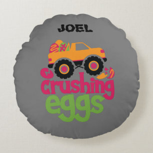 TRUCK CRUSHING EGGS PERSONALIZED THROW PILLOW. ROU ROUND CUSHION