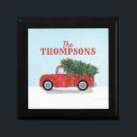 Truck Cute Christmas Tree Snow Personalised Gift Box<br><div class="desc">Rustic Vintage Red Truck with a Freshly Cut Christmas Tree in the bed of the truck driving in the snow. A classic cute winter scene depicting a familiar family tradition. A great personalised design for Holiday and Christmas home decor as well as a wonderful gift Idea.</div>