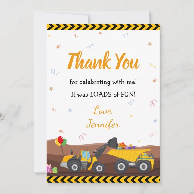 Truck Digger Under Construction Baby Birthday Than Thank You Card (Front)