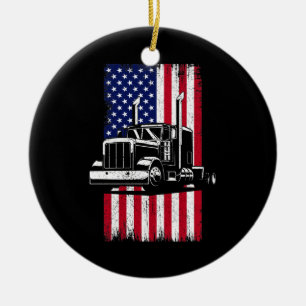 Truck Driver American Flag Trucker Ceramic Tree Decoration
