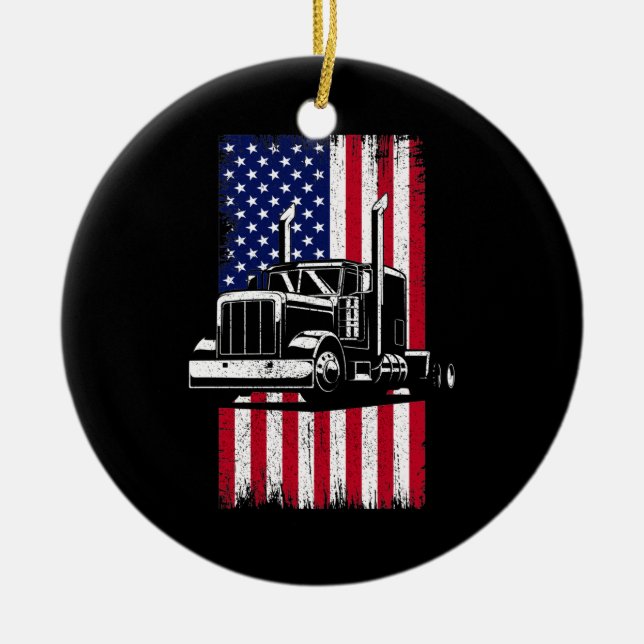 Truck Driver American Flag Trucker Ceramic Tree Decoration (Front)