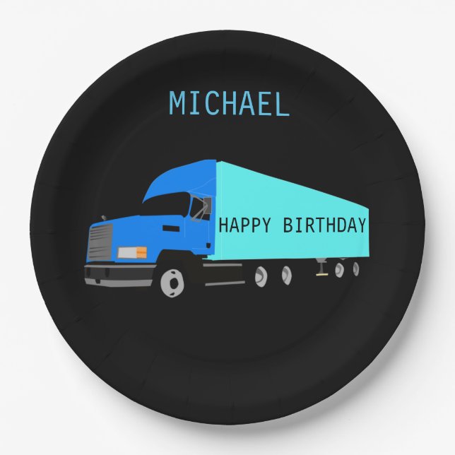 "TRUCK" Happy Birthday paper plates for kids. (Front)