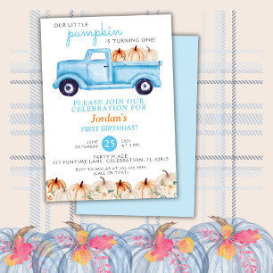 Truck Little Pumpkin Blue Boy Birthday Invitation