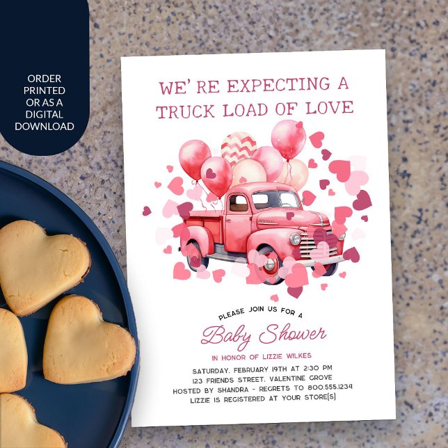 Truck Load of Love Pink Valentine Baby Shower Invitation (Valentine Baby Shower Invitation with pink vintage truck and love hearts)