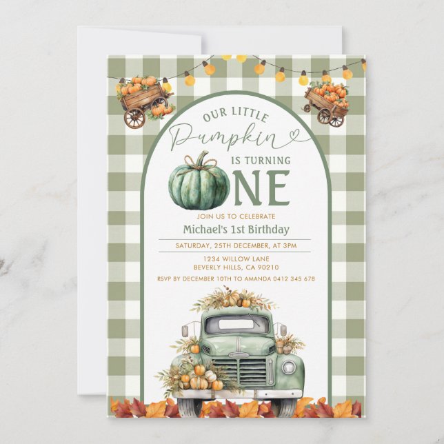 Truck Pumpkin 1st Birthday Gingham Autumn Floral Invitation (Front)