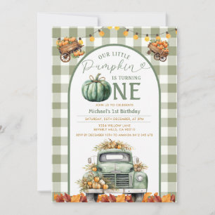 Truck Pumpkin 1st Birthday Gingham Autumn Floral Invitation