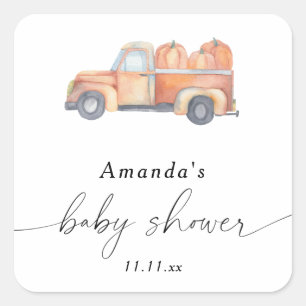 Truck pumpkin autumn baby shower square sticker