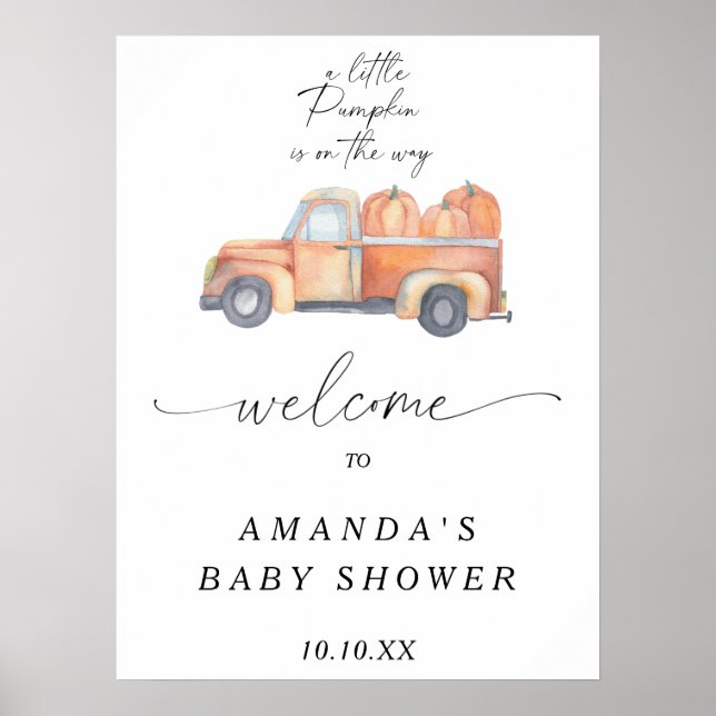 Truck pumpkin autumn welcome baby shower party poster (Front)
