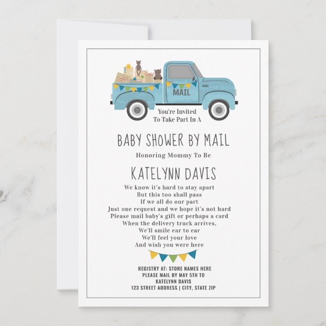 Truck Social Distancing Blue Baby Shower By Mail Invitation (Front)
