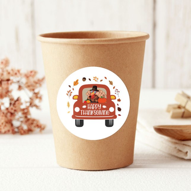 Truck Turkey Cute Happy Thanksgiving Classic Round Sticker (Creator Uploaded)