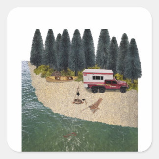 Truck with Camper in the Forest River Camping Spot Square Sticker