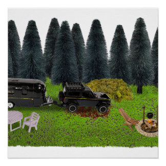 Truck with Camper in the Woods Cleared Camping Spo Poster