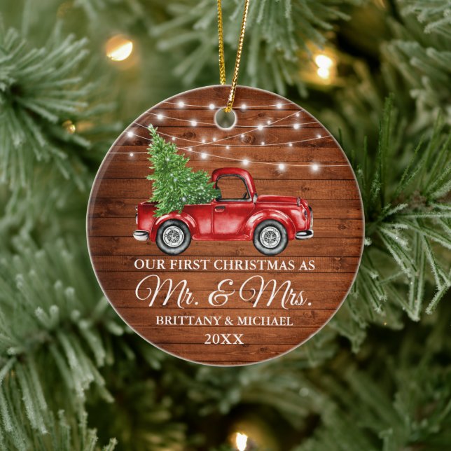 Truck Wood Lights First Christmas Mr and Mrs Ceramic Tree Decoration (Tree)