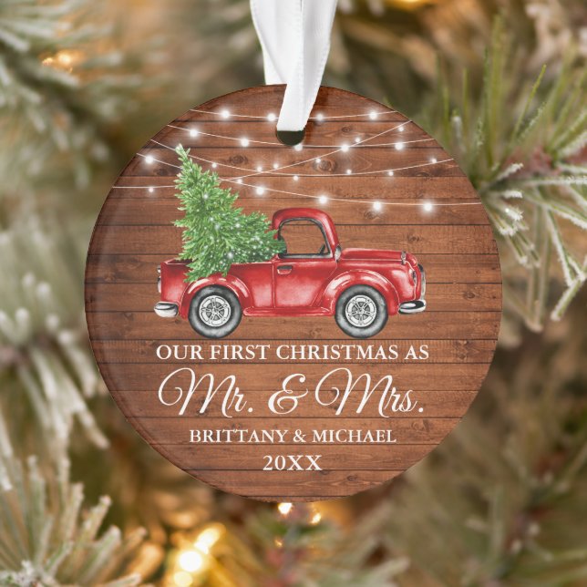 Truck Wood Lights First Christmas Mr and Mrs Ornament (Tree)