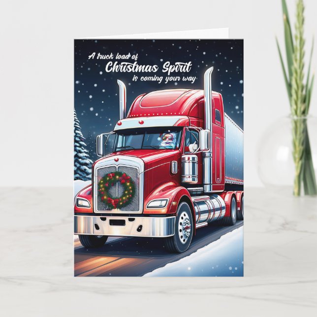 Trucker Christmas Spirit with Thumbs Up Santa Holiday Card (Front)