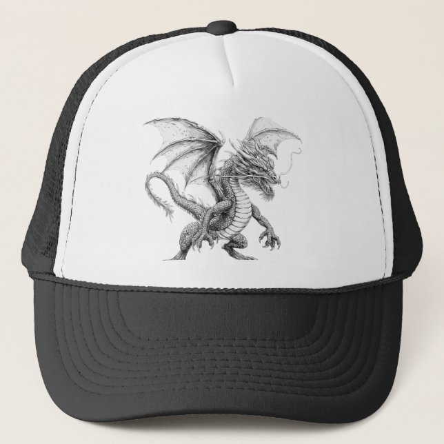 Trucker Hat with Dragon - Black and White Sketch D (Front)