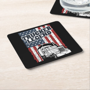 Trucker Legend Funny Semi Truck Driver Trucking Square Paper Coaster