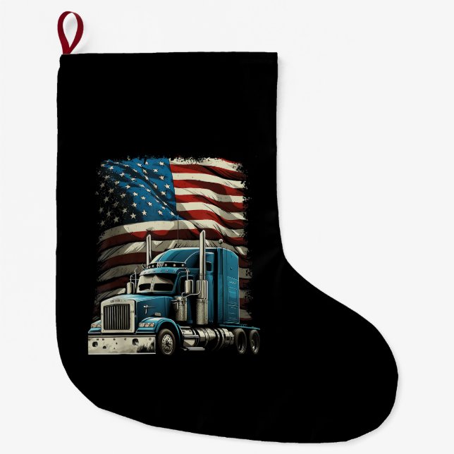 Trucker US American Flag For Patriotic Truck Drive Large Christmas Stocking (Front)