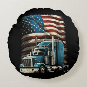 Trucker US American Flag For Patriotic Truck Drive Round Cushion