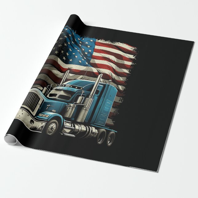 Trucker US American Flag For Patriotic Truck Drive Wrapping Paper (Unrolled)