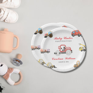 Trucks baby under construction baby shower  paper plate