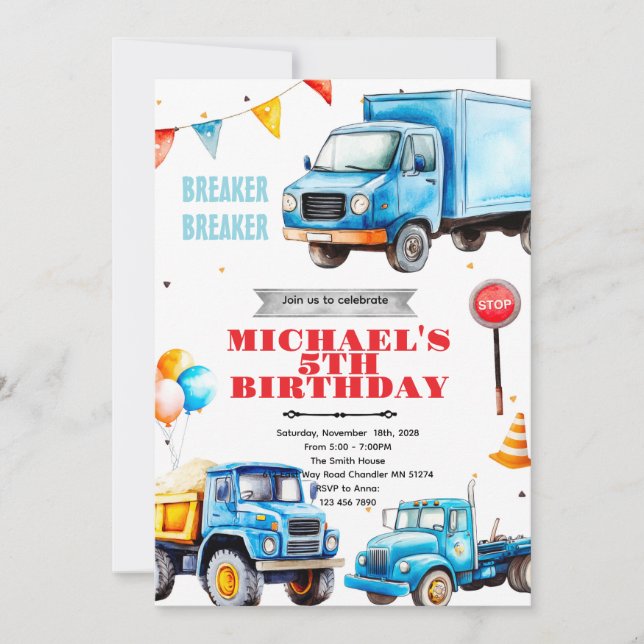 Trucks birthday party theme invitation (Front)