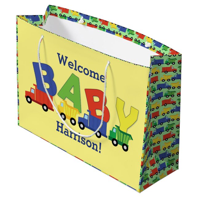 Trucks Boy Baby Shower Construction Cute Large Gift Bag (Back Angled)