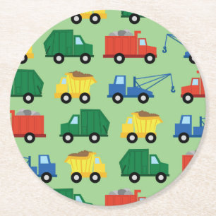 Trucks Cars Cute 1st Birthday Party Theme Round Paper Coaster