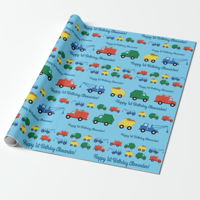 Trucks Cars Cute 1st Birthday Party Theme Wrapping Paper (Unrolled)