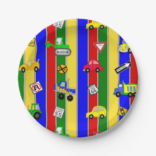 Trucks, Cars, Tractors and Traffic Signs Birthday Paper Plate