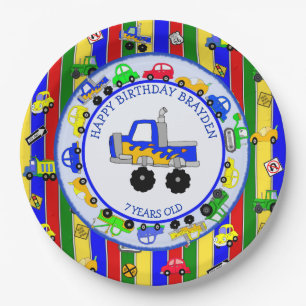 Trucks, Cars, Tractors and Traffic Signs Birthday Paper Plate