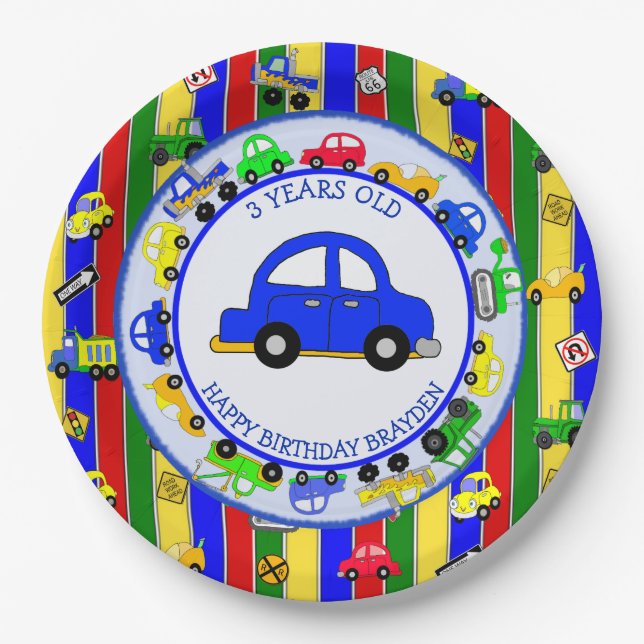 Trucks, Cars, Tractors and Traffic Signs Birthday Paper Plate (Front)