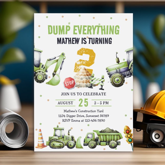 Trucks & Diggers Construction 2nd Birthday Party Invitation (Creator Uploaded)