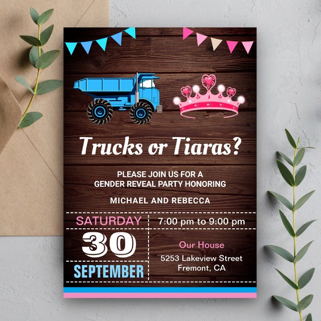 Trucks or Tiaras Gender Reveal Party Invitation (Creator Uploaded)
