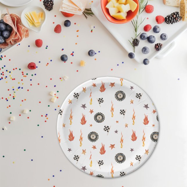 Trucks Racing Checkers Modern Watercolor White Paper Plate (Creator Uploaded)