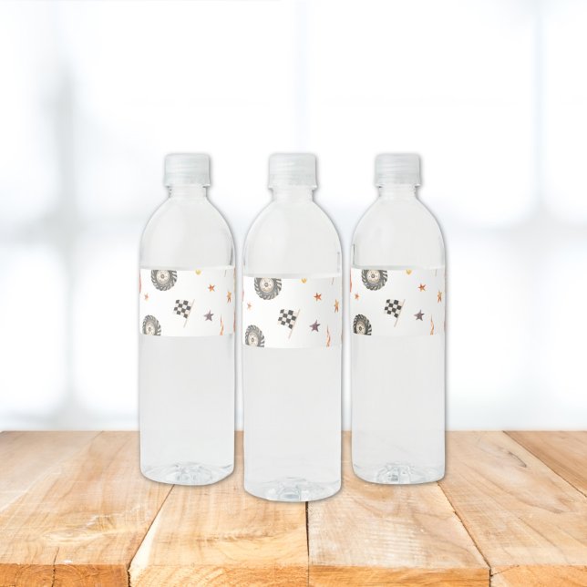 Trucks Racing Checkers Modern Watercolor White  Water Bottle Label (Creator Uploaded)