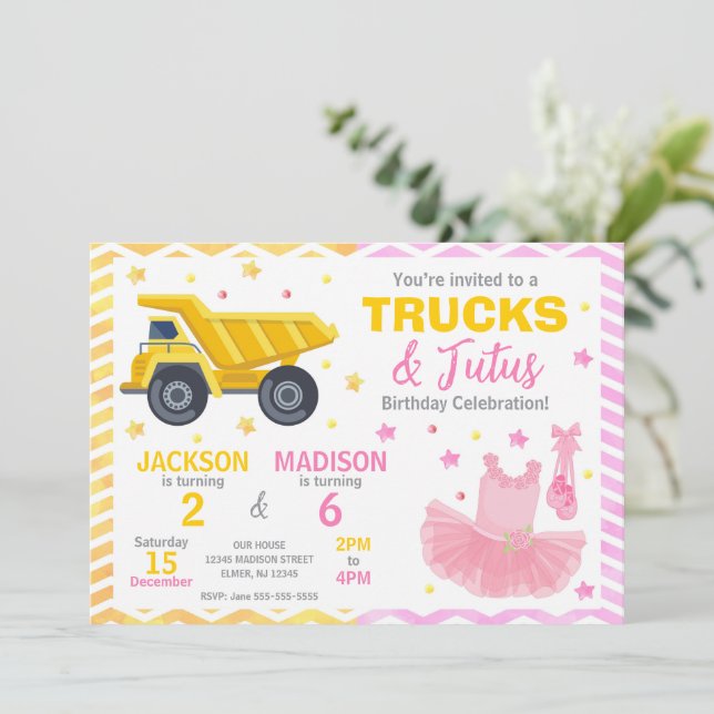 Trucks & Tutus Joint Birthday Invitation (Standing Front)