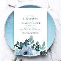 True Blue Flowers Baby Shower Invitation
