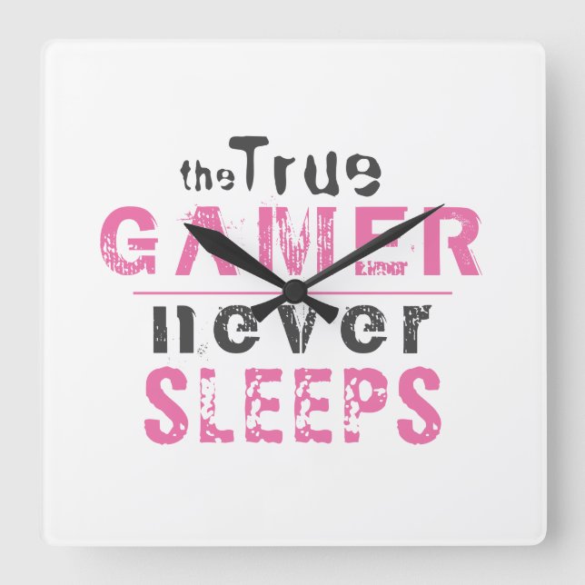 True Gamer Never Sleeps Pink Typography Gamer   Square Wall Clock (Front)