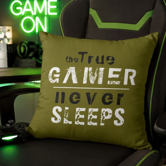 True Gamer Never Sleeps Typography Gamer  Cushion (Creator Uploaded)