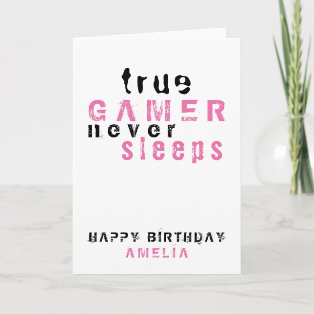 True Gamer Pink Typography Gamer Girl Birthday  Card (Front)
