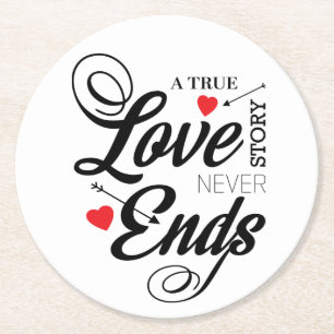 True Love Black & White Typography Wedding Bridal Round Paper Coaster