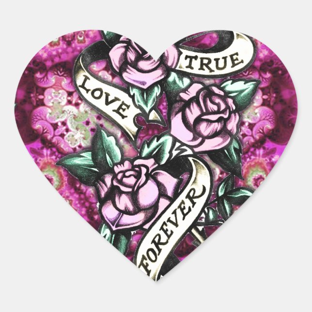 True Love Forever Rockabilly Roses pattern. Heart Sticker (Front)