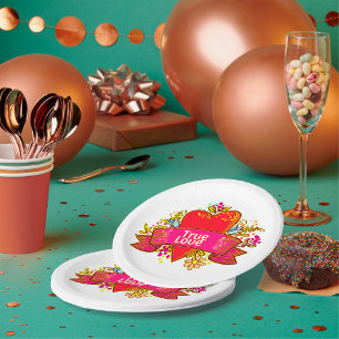 True Love Heart Ribbon with Floral Elements Paper Plate