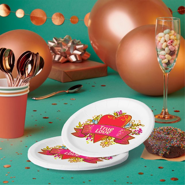 True Love Heart Ribbon with Floral Elements Paper Plate (Creator Uploaded)